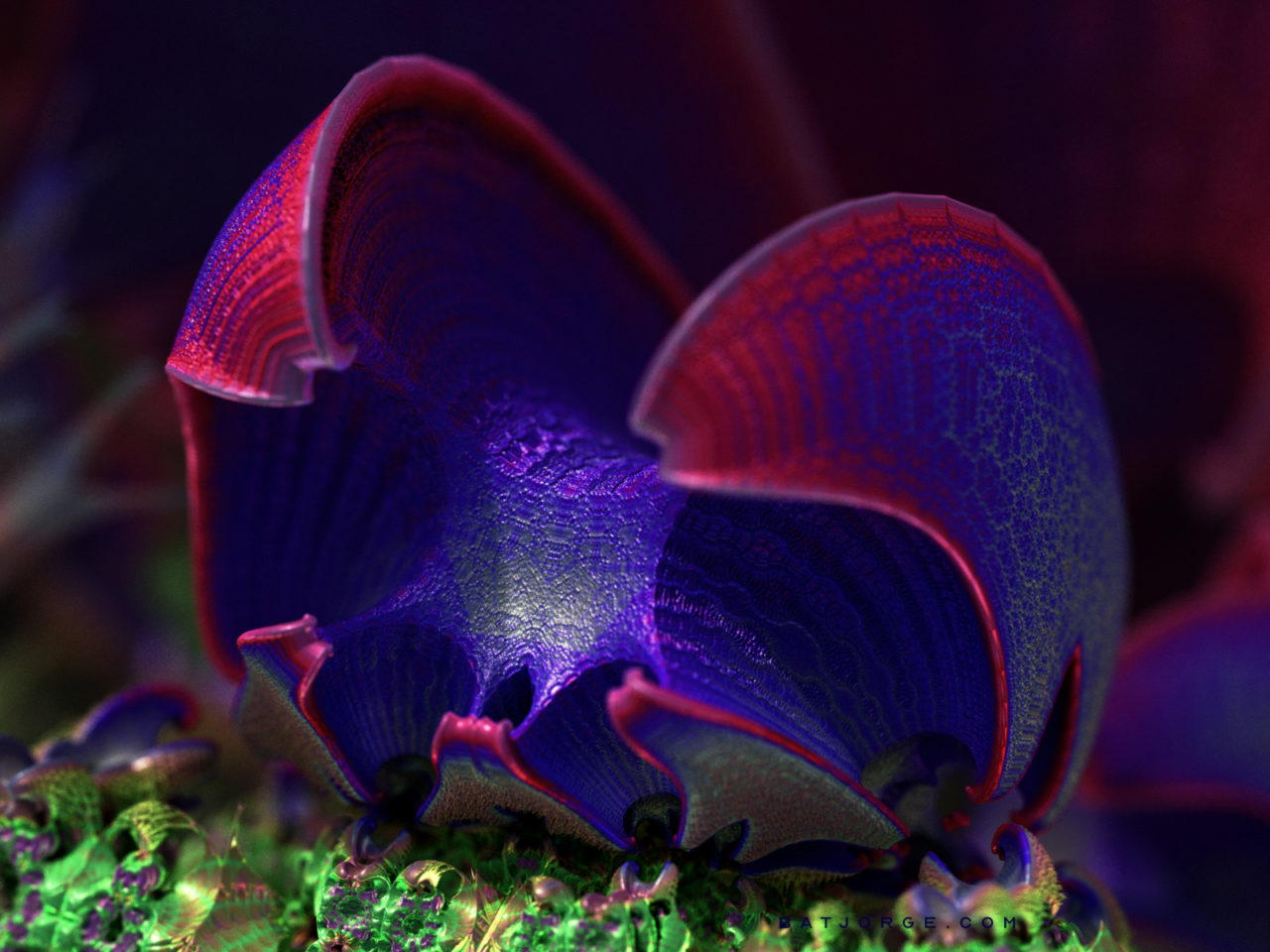 abstract 3d fractal image with red and purple colours. flower-like.