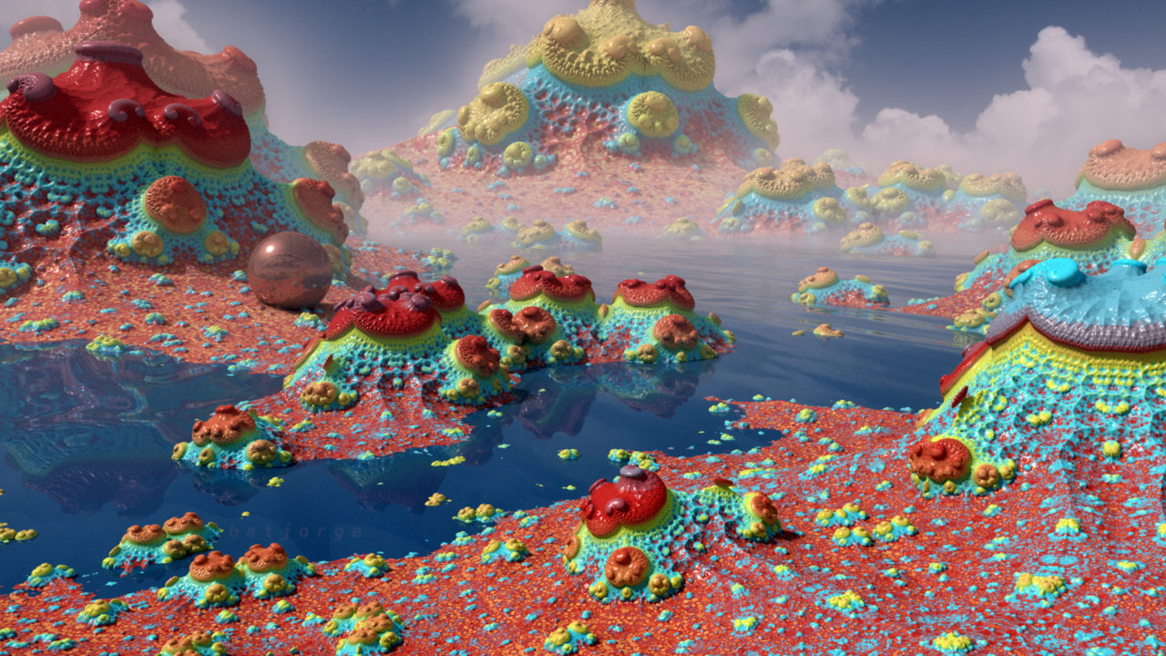 3d fractal. Organic landscape with water and sphere