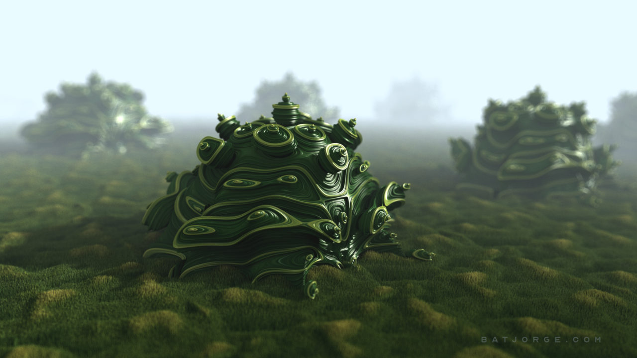 3d fractal. organic look. green grass aliens