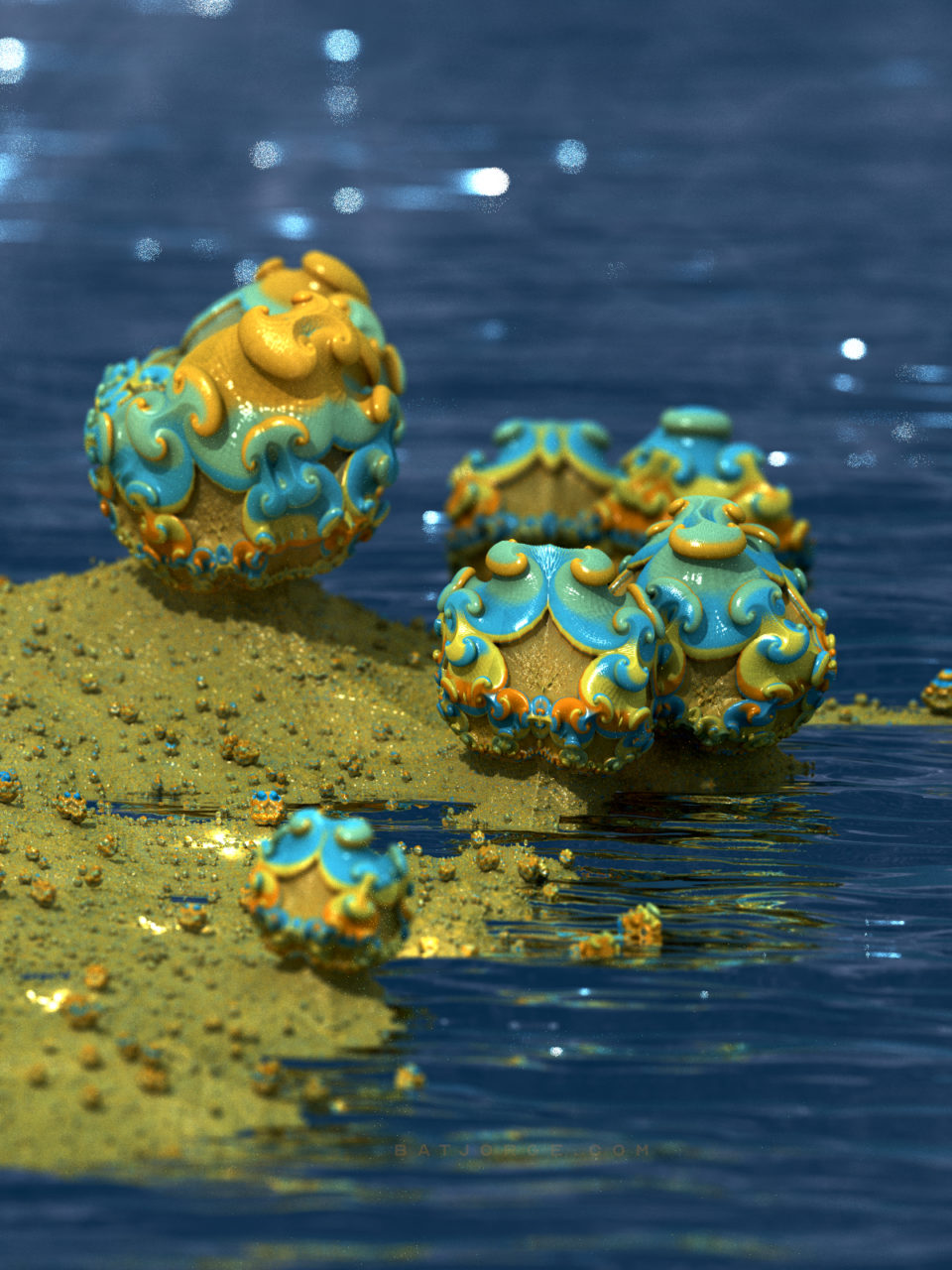 3d fractal.organic look. depth of field. mushroom like blue water