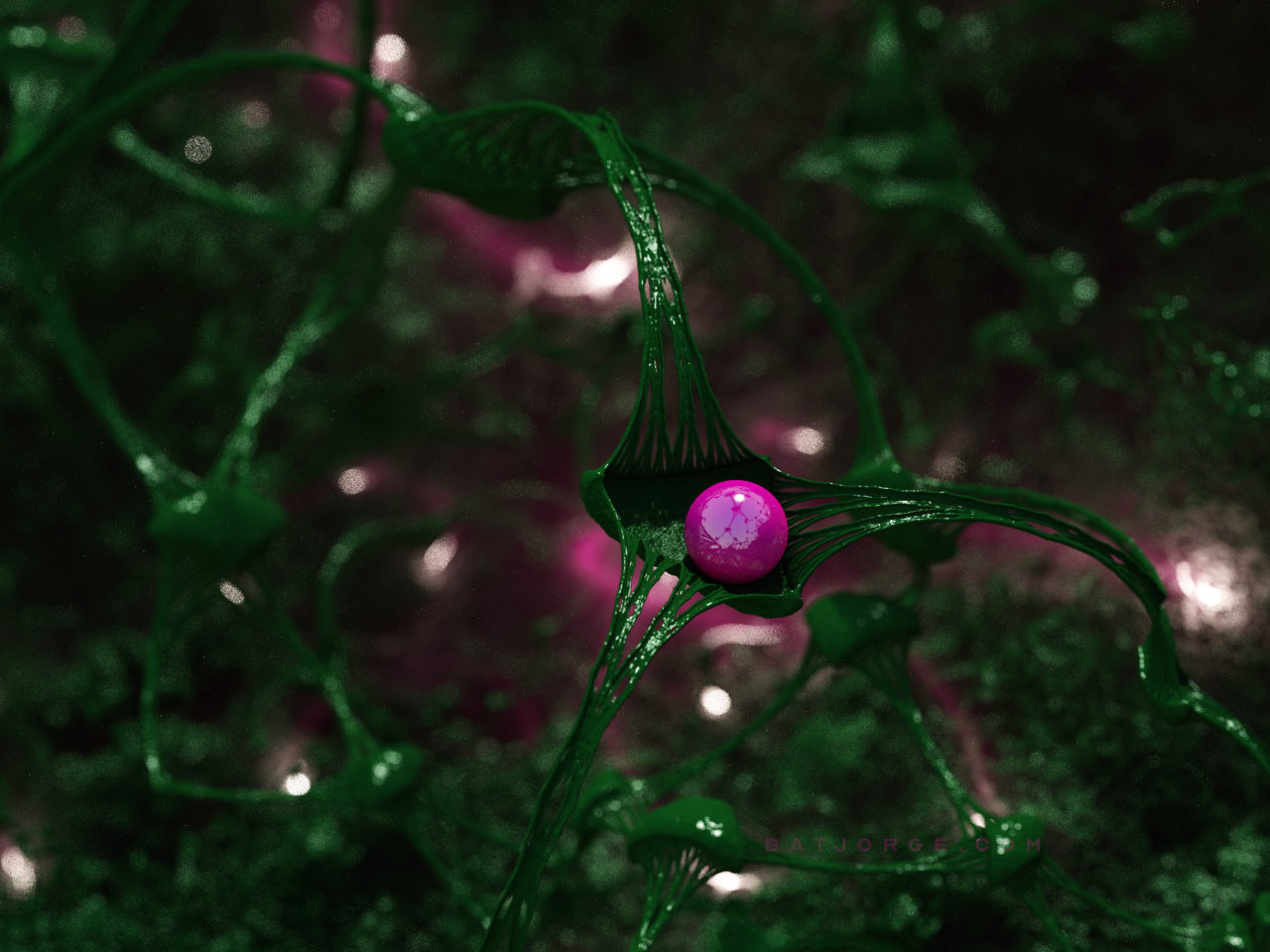 3d fractal.organic look. depth of field. mushroom like green. mandelbulber. pink sphere