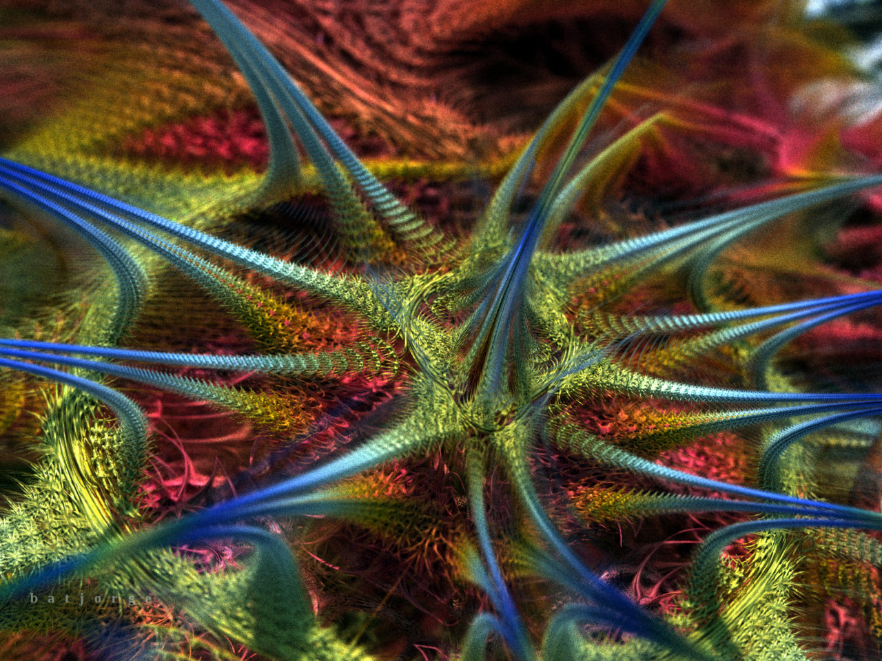 3d mandelbulb fractal. rainbow coloring. spikes