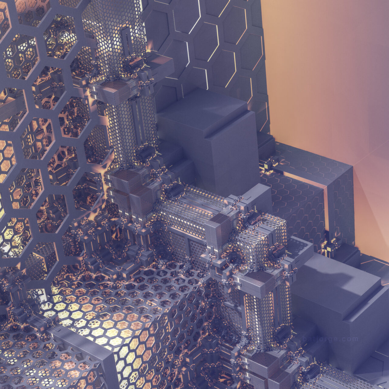 Mandelbulber. T>Box Fold 4D Infy, Koch V4, T>DIFS Hextgrid2. OpenCL MC.